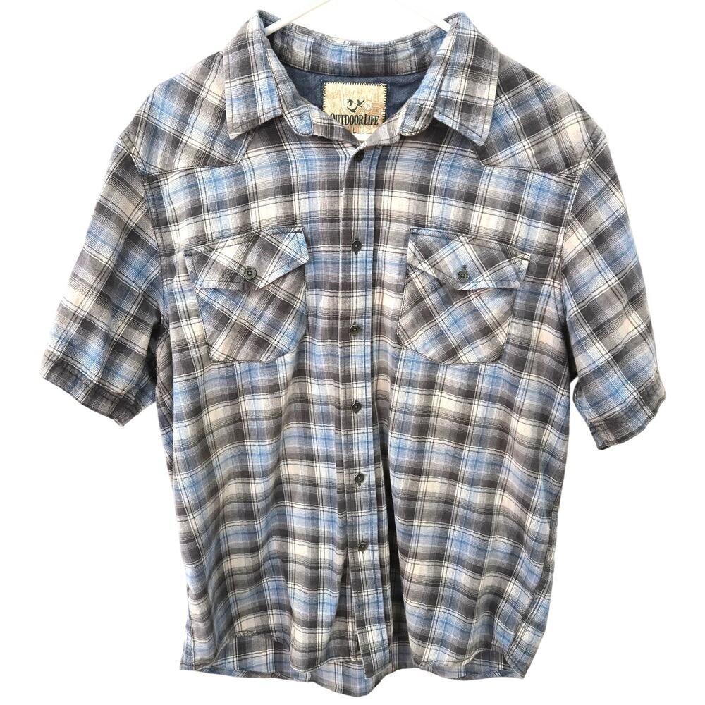 Outdoor Life Large Men Flannel Multicolor Stripe Short Sleeve Hiking Camping